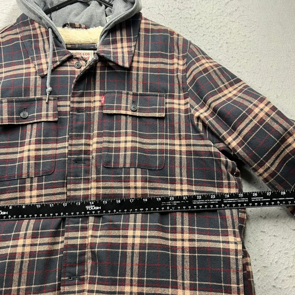 Levis Mens XL Plaid Flannel Sherpa Lined Hooded Shirt Jacket Navy Blue 2272